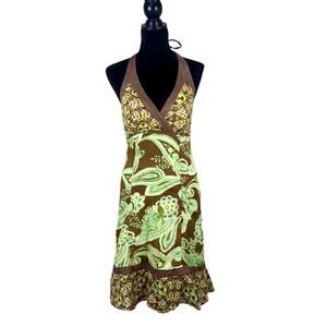Ombre Green Brown Halter Ruffle Boho Fairy Core Summer Mini Dress Y2K Hippie 6